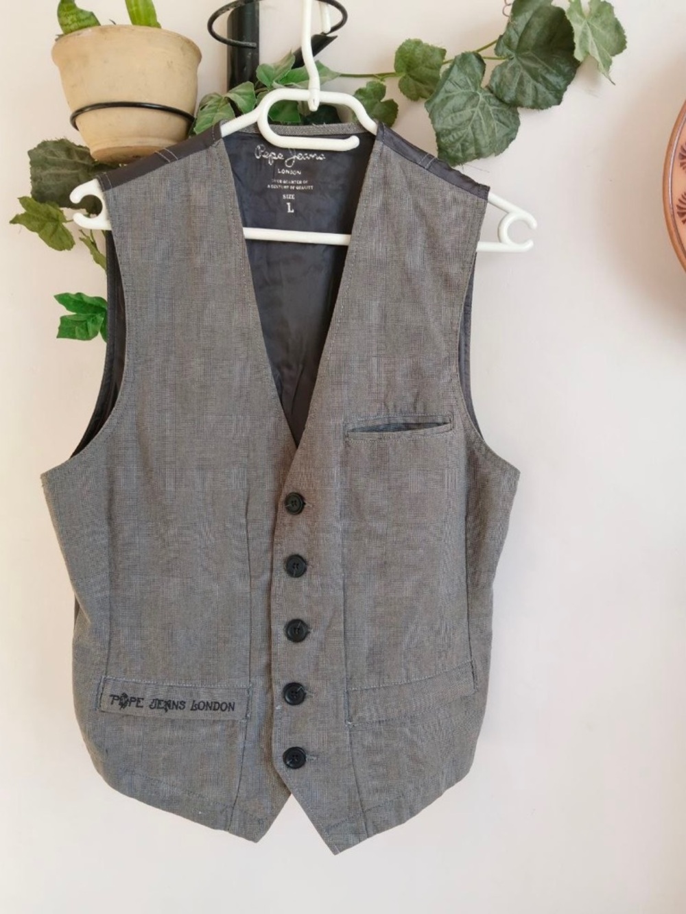 Pepe Jeans Gray Plaid Button Front Vest